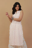 White & Peach Handblock Printed Sleeveless Cotton Kurta