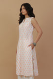 White & Peach Handblock Printed Sleeveless Cotton Kurta