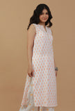 White & Peach Handblock Printed Sleeveless Cotton Kurta