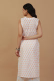 White & Peach Handblock Printed Sleeveless Cotton Kurta