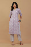 Set Of 2: Lavender Floral Printed Cotton Kurta with Striped Pants