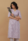 Lavender Floral Printed Cotton Straight Kurta