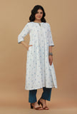Set of 2: White & Blue Handblock Printed Cotton Kurta with Solid Pants