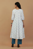 Set of 2: White & Blue Handblock Printed Cotton Kurta with Solid Pants
