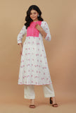 Set of 2: Stylish White & Pink Printed Kurta with Yoke Detail Paired with Cotton Pants