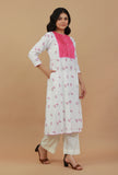 Set of 2: Stylish White & Pink Printed Kurta with Yoke Detail Paired with Cotton Pants