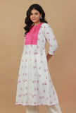 White & Pink Hand Block Printed Kurta with Pleated Yoke