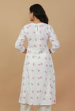 White & Pink Hand Block Printed Kurta with Pleated Yoke