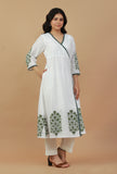 Set of 2: White & Green Block Printed Wrap Kurta with White Cotton Pants