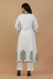 Set of 2: White & Green Block Printed Wrap Kurta with White Cotton Pants
