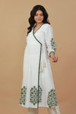 White & Green Block Printed Wrap Kurta