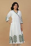 White & Green Block Printed Wrap Kurta