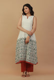 Set of 2: Off-White Sleeveless Block Printed Kurta with Rust Cotton Pants