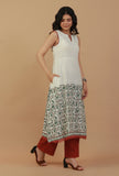 Set of 2: Off-White Sleeveless Block Printed Kurta with Rust Cotton Pants