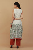 Set of 2: Off-White Sleeveless Block Printed Kurta with Rust Cotton Pants
