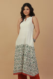 Off-White Sleeveless Block Printed Cotton Kurta