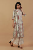 Set of 2: Off-White Printed Kurta with Matching Palazzo Pants