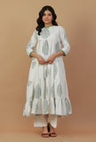 Set of 2: White Hand Block Printed Tiered Kurta with Solid White Straight Pants