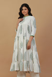 White Hand Block Printed Tiered Cotton Kurta