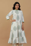 White Hand Block Printed Tiered Cotton Kurta