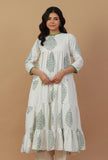 White Hand Block Printed Tiered Cotton Kurta