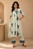 Set of 2: Ivory Hand Block Printed Angrakha Kurta with Lace Details and Straight Pants