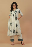 Set of 2: Ivory Hand Block Printed Angrakha Kurta with Lace Details and Straight Pants