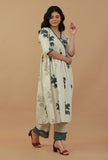Set of 2: Ivory Hand Block Printed Angrakha Kurta with Lace Details and Straight Pants