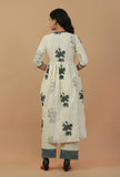 Set of 2: Ivory Hand Block Printed Angrakha Kurta with Lace Details and Straight Pants
