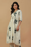 Ivory Hand Block Printed Angrakha Cotton Kurta with Lace Detailing