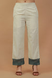 Solid Ivory Straight Cotton Pants with Lace Hem