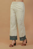 Solid Ivory Straight Cotton Pants with Lace Hem