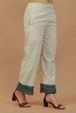 Solid Ivory Straight Cotton Pants with Lace Hem