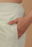 Solid Ivory Straight Cotton Pants with Lace Hem