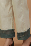 Solid Ivory Straight Cotton Pants with Lace Hem
