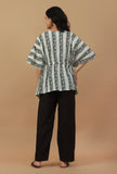 Set of 2: Printed Drawstring Kaftan Top with Solid Black Straight Pants