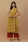 Set 2: Yellow Printed Dress with Lace detailing and Cotton rust pant