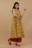 Set 2: Yellow Printed Dress with Lace detailing and Cotton rust pant