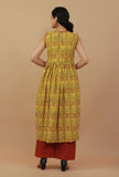 Set 2: Yellow Printed Dress with Lace detailing and Cotton rust pant