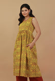 Yellow Hand Block Printed Sleeveless Flared Cotton Kurta Dress