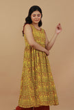 Yellow Hand Block Printed Sleeveless Flared Cotton Kurta Dress