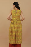 Yellow Hand Block Printed Sleeveless Flared Cotton Kurta Dress