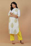 Set of 2: White & Yellow Hand Block Printed Kurta with Solid Yellow Pants
