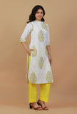 Set of 2: White & Yellow Hand Block Printed Kurta with Solid Yellow Pants