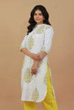 White Hand Block Printed Cotton Kurta with Yellow Motifs