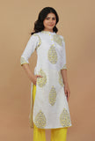 White Hand Block Printed Cotton Kurta with Yellow Motifs