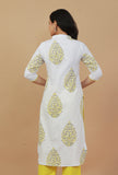 White Hand Block Printed Cotton Kurta with Yellow Motifs