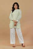 Set of 2: Green Striped Hand Block Printed Kurta with Solid White Pants