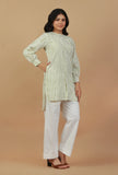 Set of 2: Green Striped Hand Block Printed Kurta with Solid White Pants
