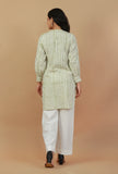 Set of 2: Green Striped Hand Block Printed Kurta with Solid White Pants